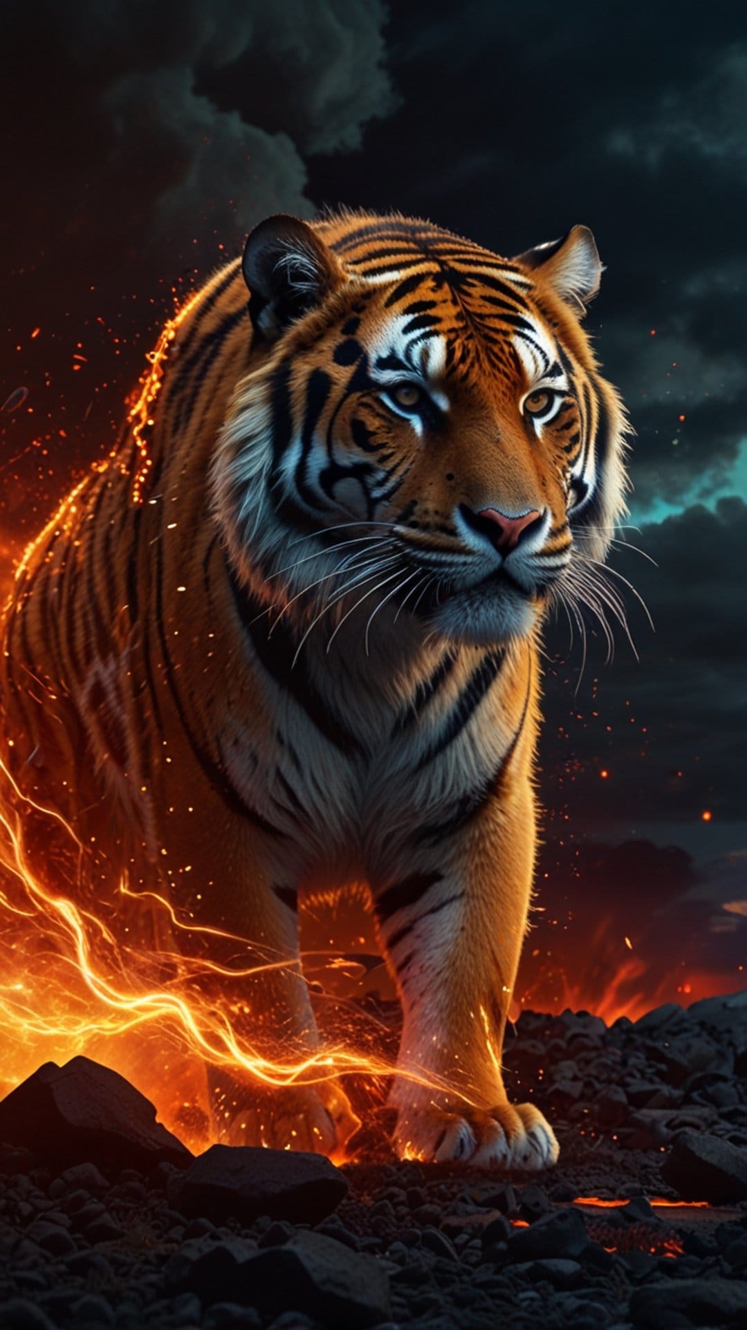 Bengal tiger with orange fur walks through orange flames and dark smoke under a stormy night sky with embers.