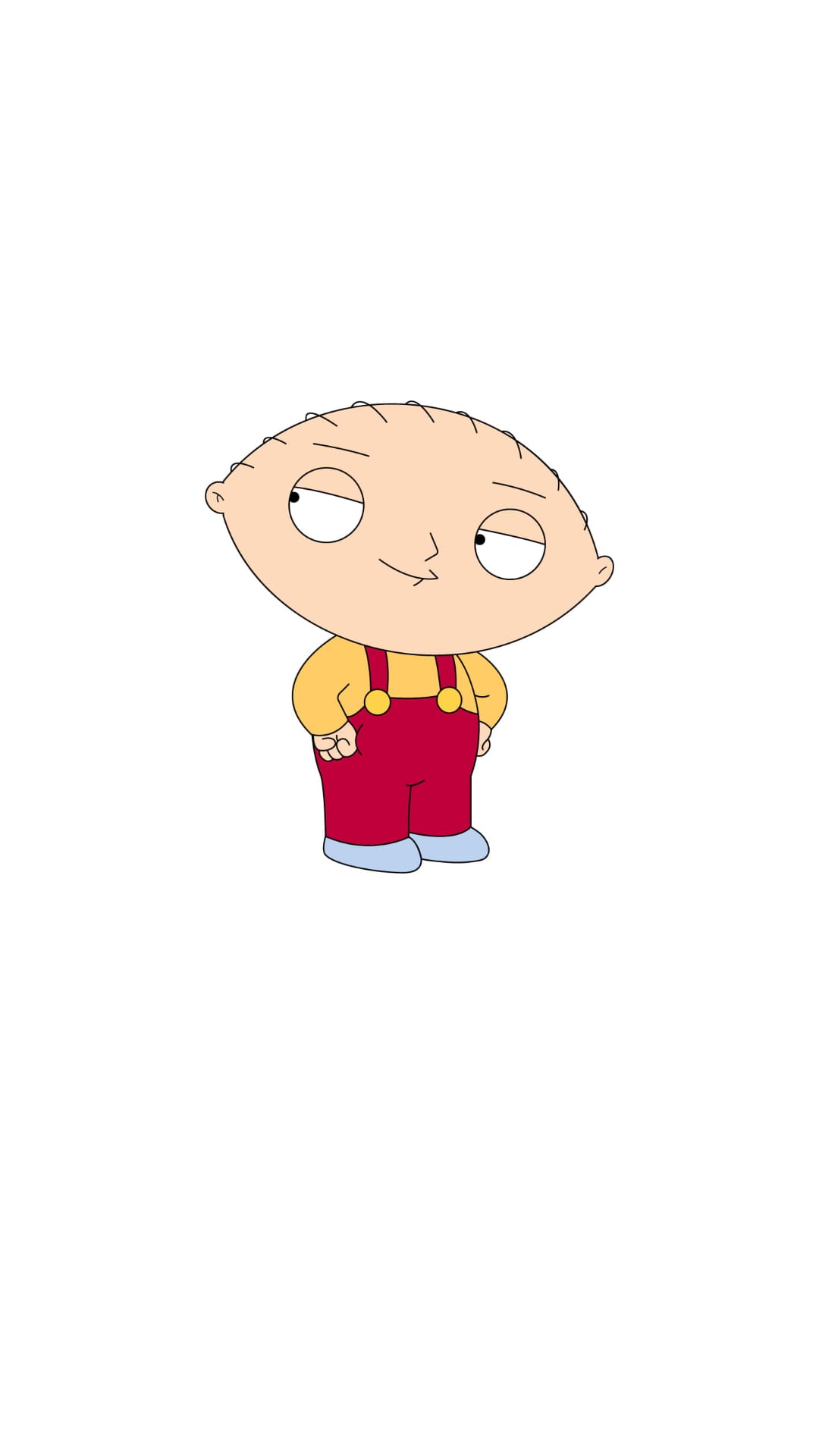 Stewie Griffin wearing red overalls and a yellow shirt smirks while looking up against a white background.
