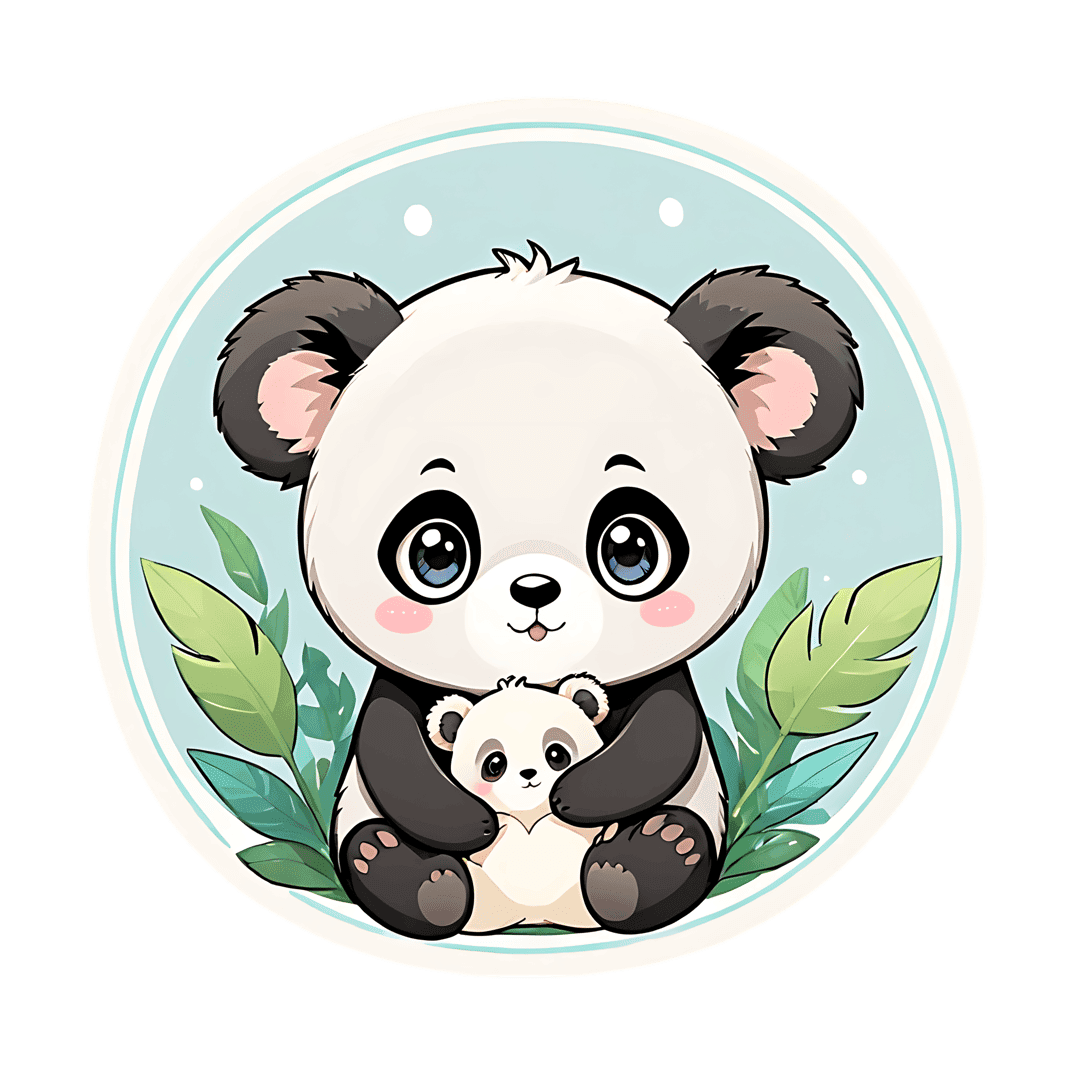 Panda pair hugging inside a blue circle with green leaves featuring glossy eyes and cartoon fur textures.