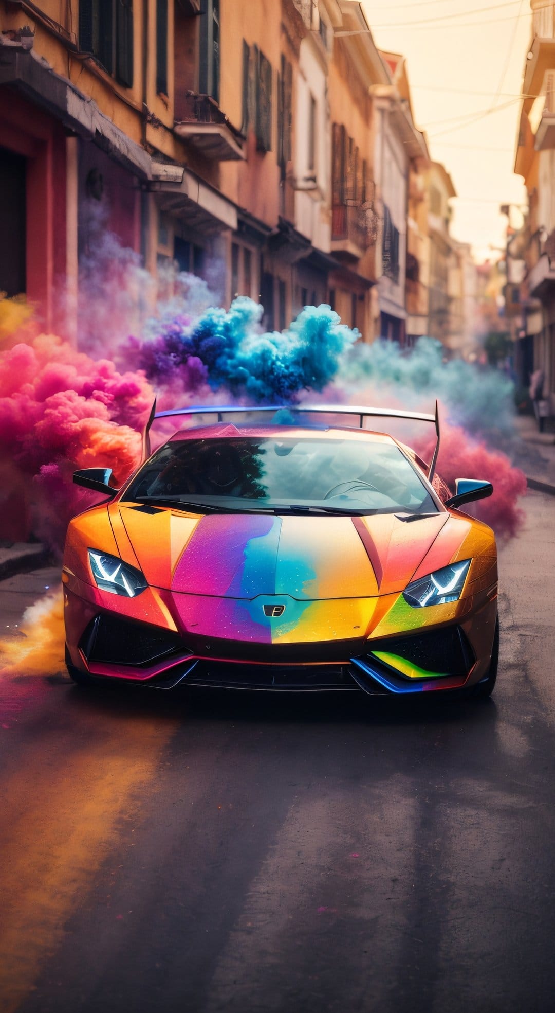 Lamborghini supercar speeds through clouds of pink, blue, and yellow smoke on a narrow urban cobblestone street.
