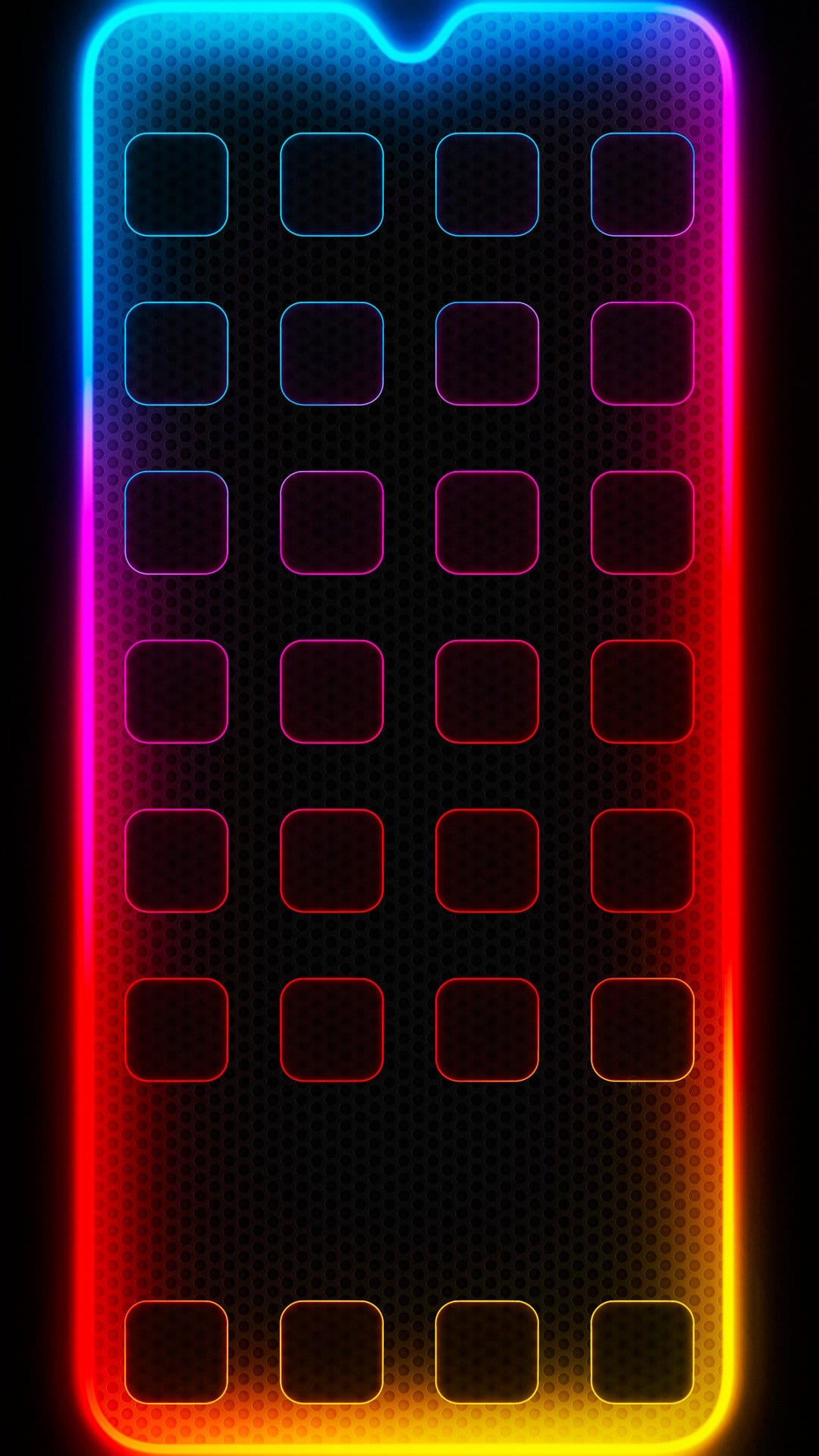 Neon square app icons with rainbow gradient borders arranged in a grid on a dark textured mobile background.
