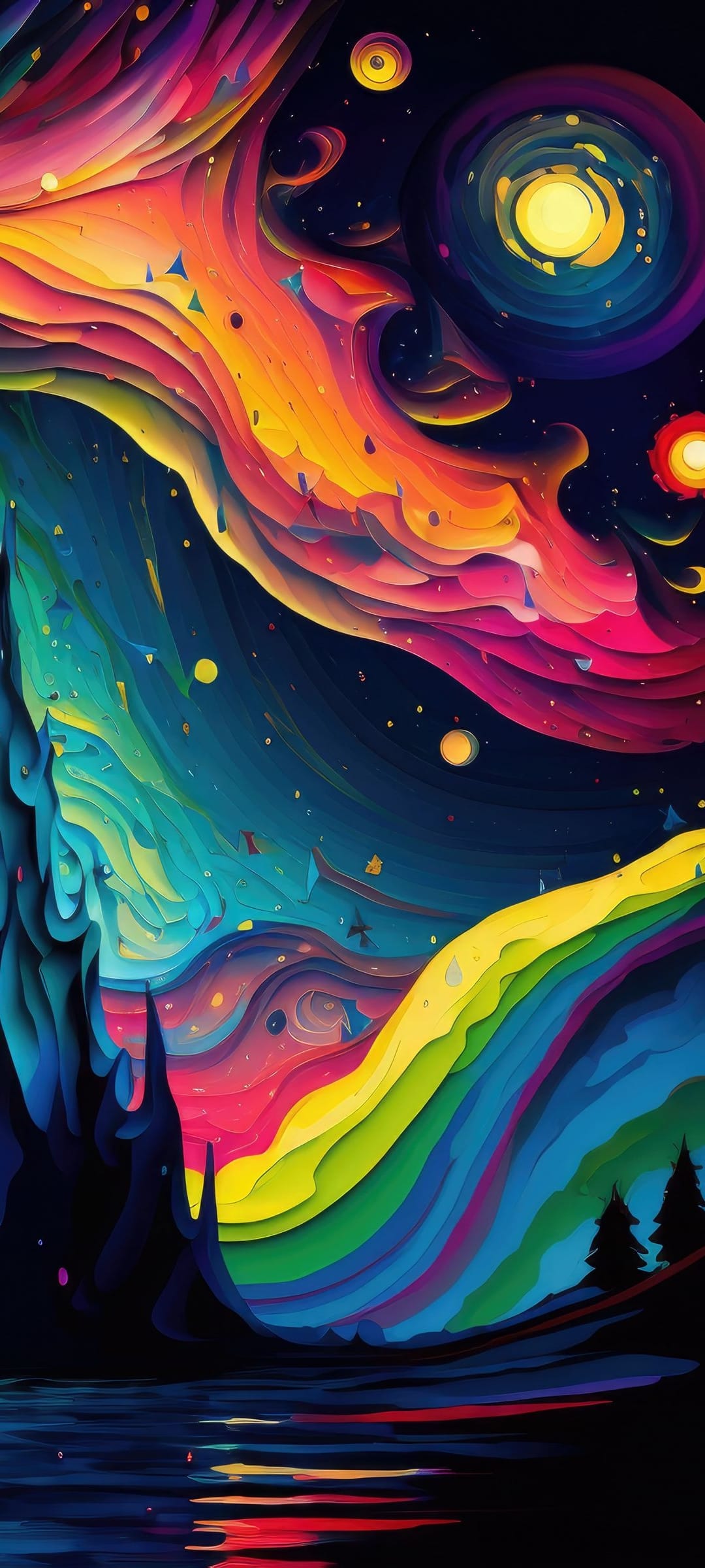 Swirling orange and blue nebulae over dark silhouetted trees and a lake reflecting the colorful celestial sky.