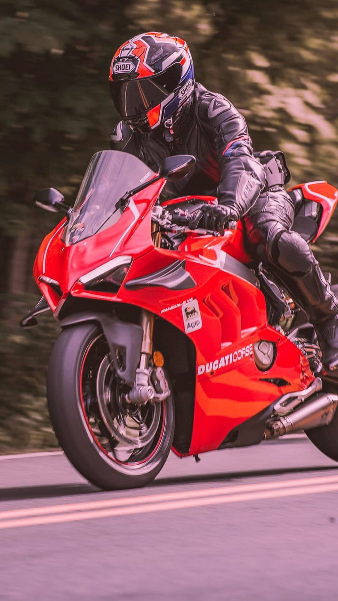 Red Ducati motorcycle rider leaning into a turn on a paved road with motion blurred green background.