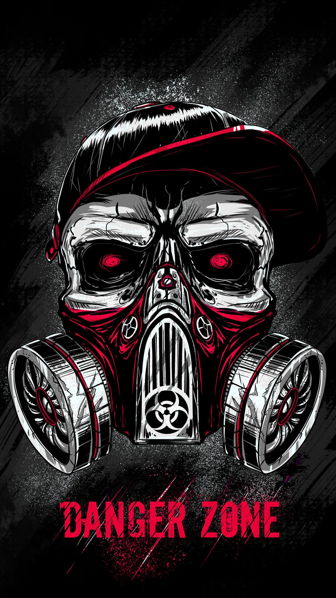 Skull wearing a gas mask and backwards cap with red biohazard symbols and Danger Zone text on a dark background.