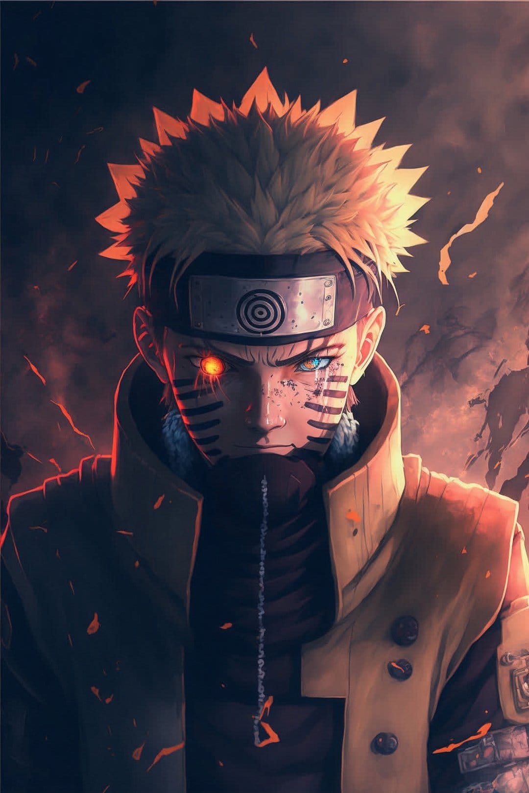 Naruto Uzumaki has one glowing red eye and one blue eye, set against a dark smoky background with orange embers.