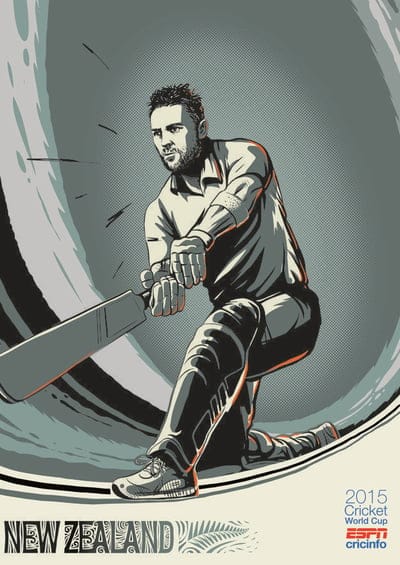 Cricket, New Zealand, Batsman, World Cup, 2015, Sports illustration, Player, Power, Batting, Action, Silver fern, Sports art, ESPN Cricinfo, Intense, Cricketer, Dynamic, Digital art, National symbol, Grey tones, Orange accents, Sporting event, Focus, Athlete