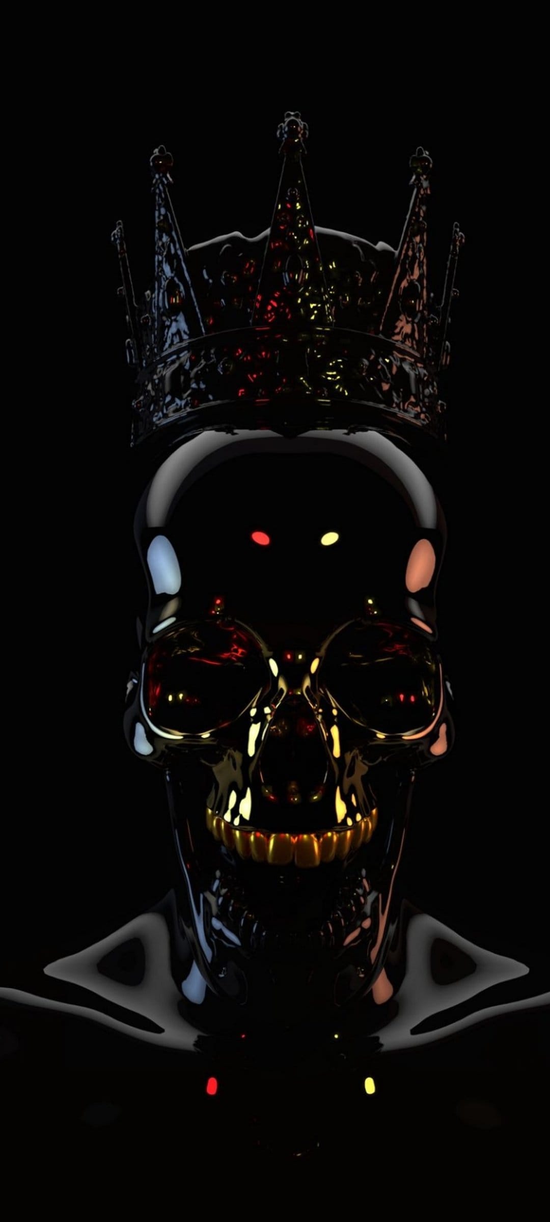 Black polished skull wearing an ornate dark crown with golden accents on teeth and eyes under red and blue light.