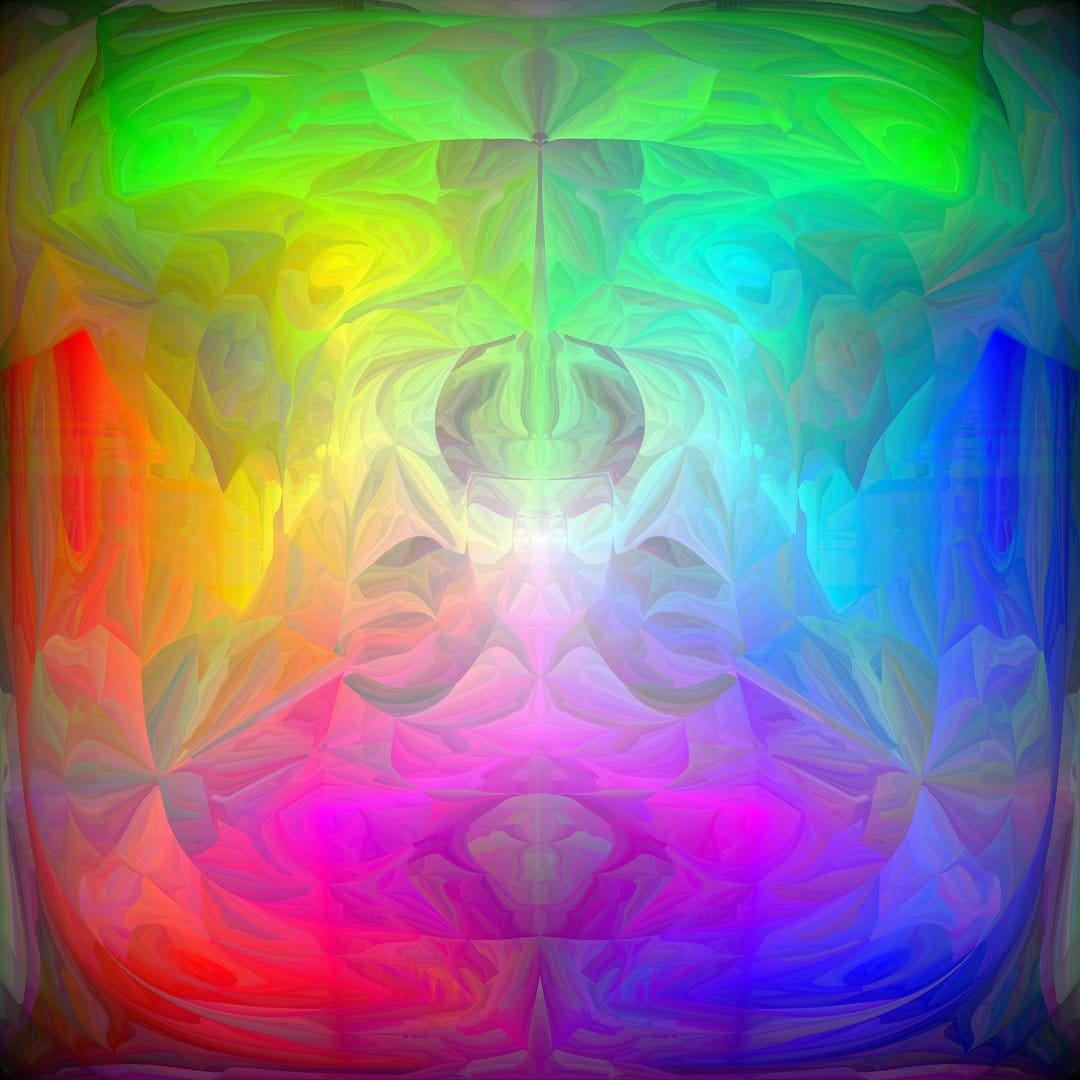Symmetrical rainbow fractal patterns expand from a central point with intricate geometric layers and neon hues.