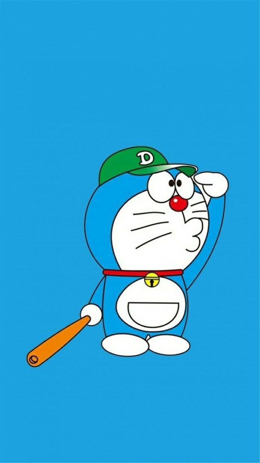 Doraemon wearing a green D cap and holding a baseball bat against a solid blue background in a sporty stance.