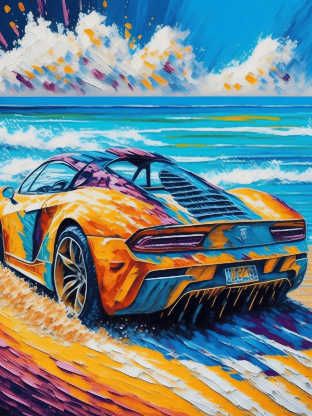 Sports car racing along a sandy beach beside turquoise ocean waves under a dynamic, textured and cloudy sky.