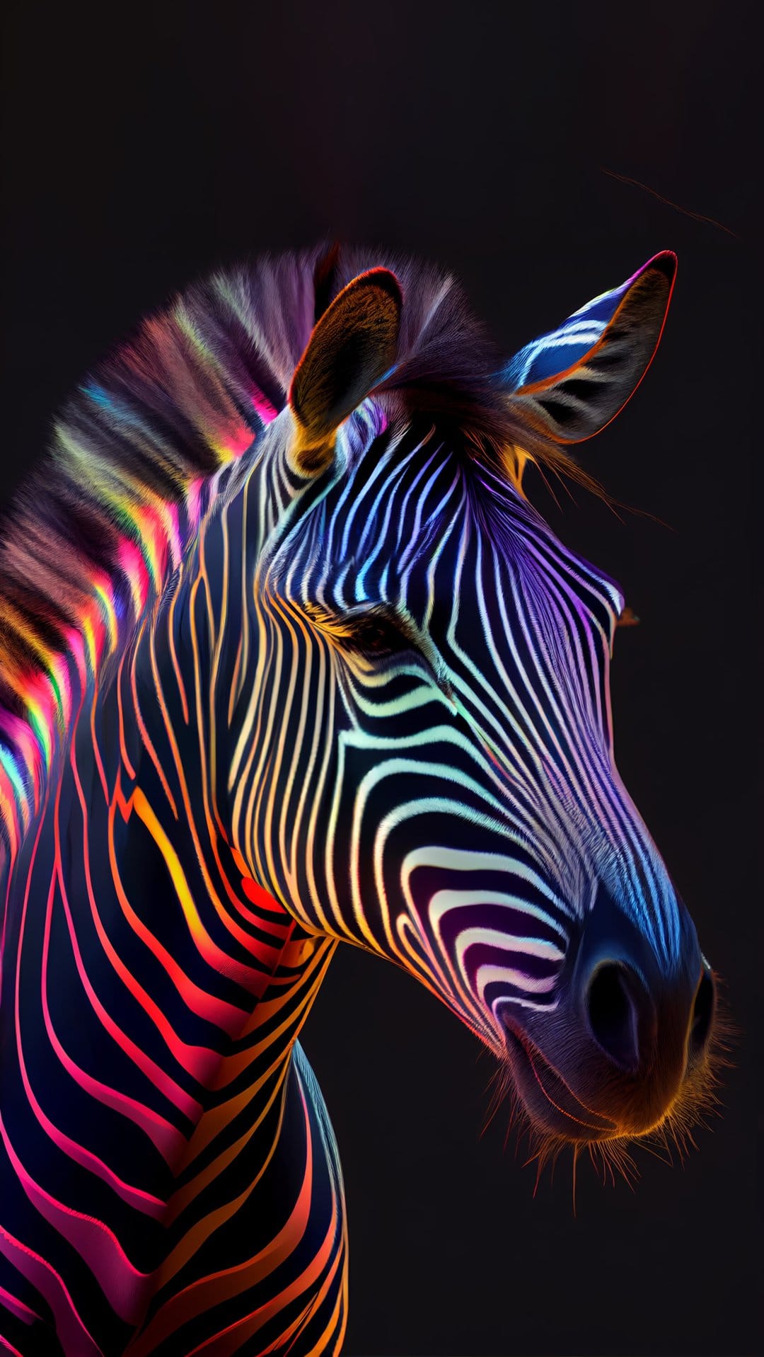 Zebra with glowing rainbow-colored stripes stares forward against a solid black background in close-up detail.