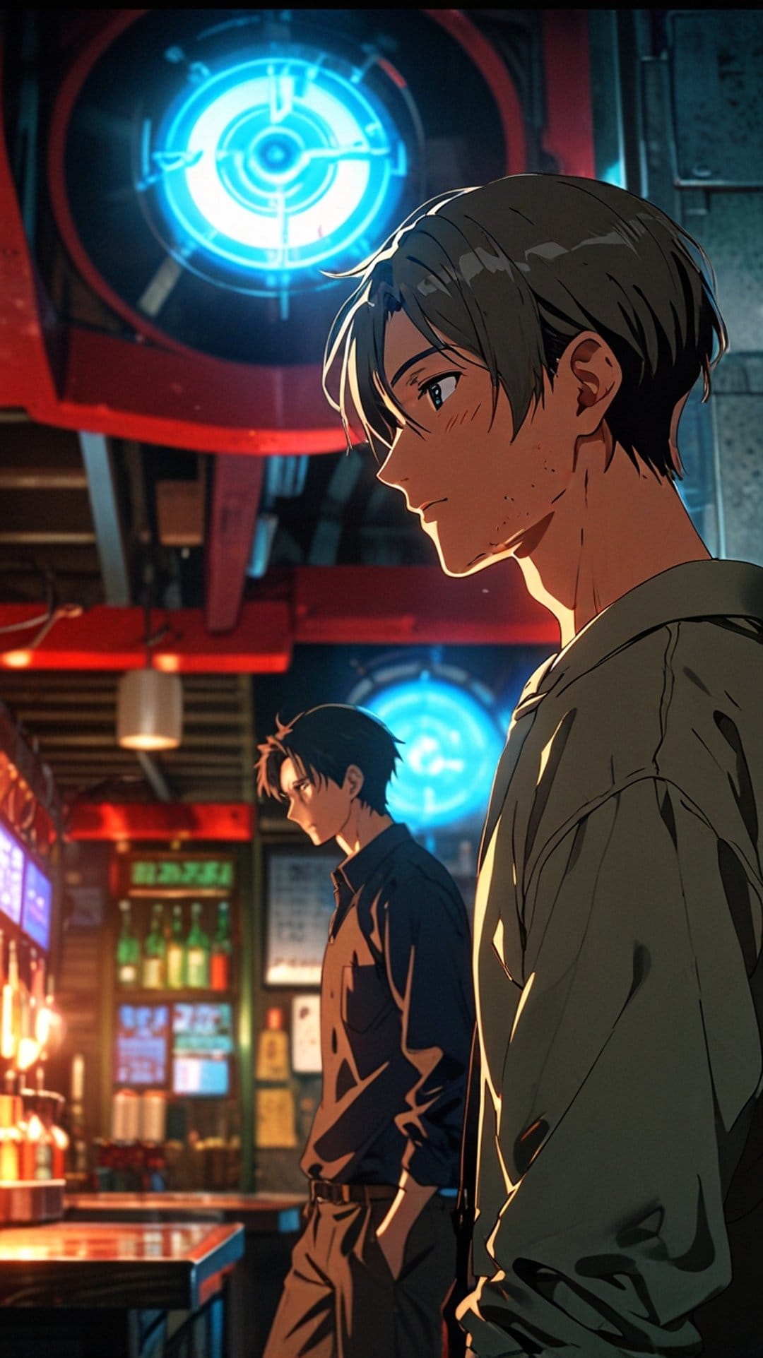 Two men stand inside a dark bar featuring glowing blue circular panels and glass bottles on shelving units.