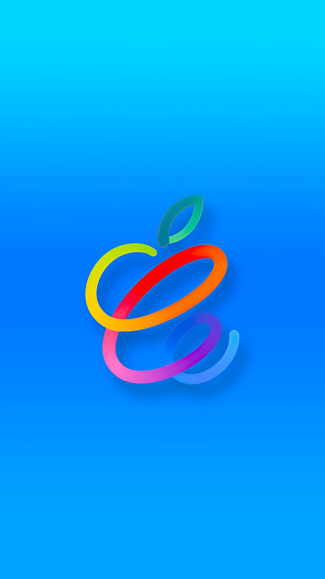 Apple logo outline made of a rainbow gradient line floating over a solid cerulean blue background with soft shadows.