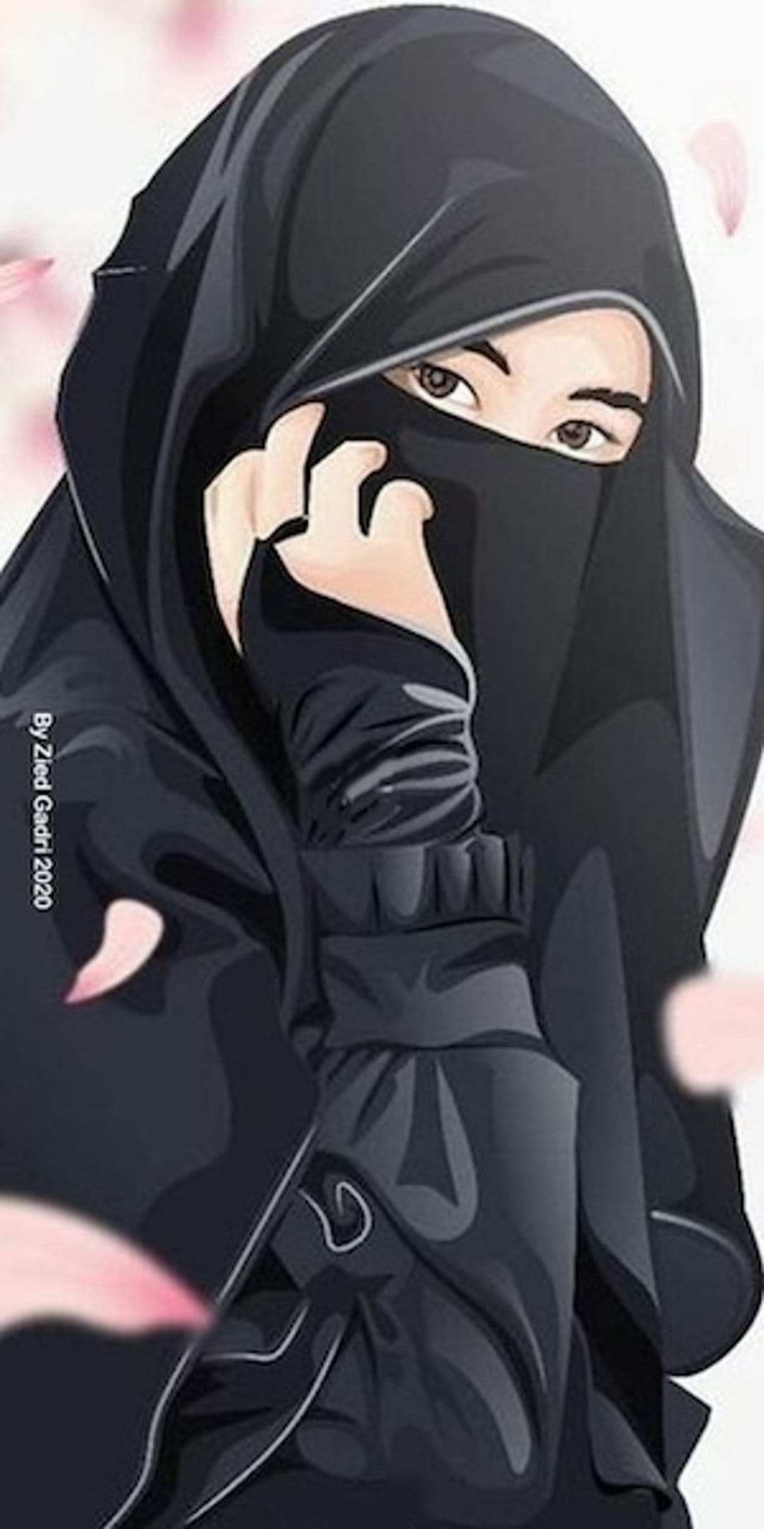 Young woman wearing a black niqab and hijab as pink cherry blossom petals drift through the air in the wind.