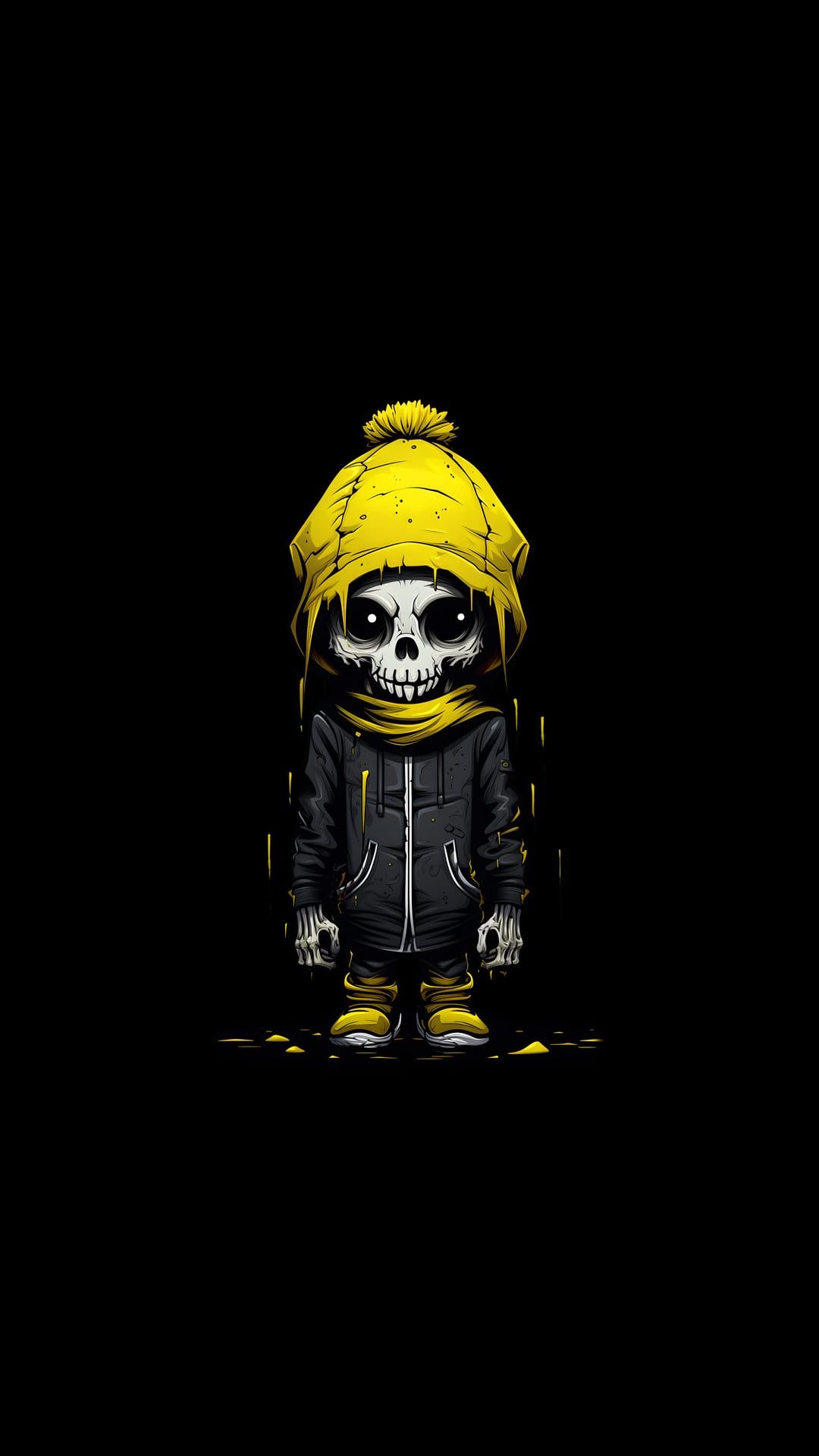 Smiling skeleton wearing a yellow pom-pom beanie and scarf standing against a solid black background.