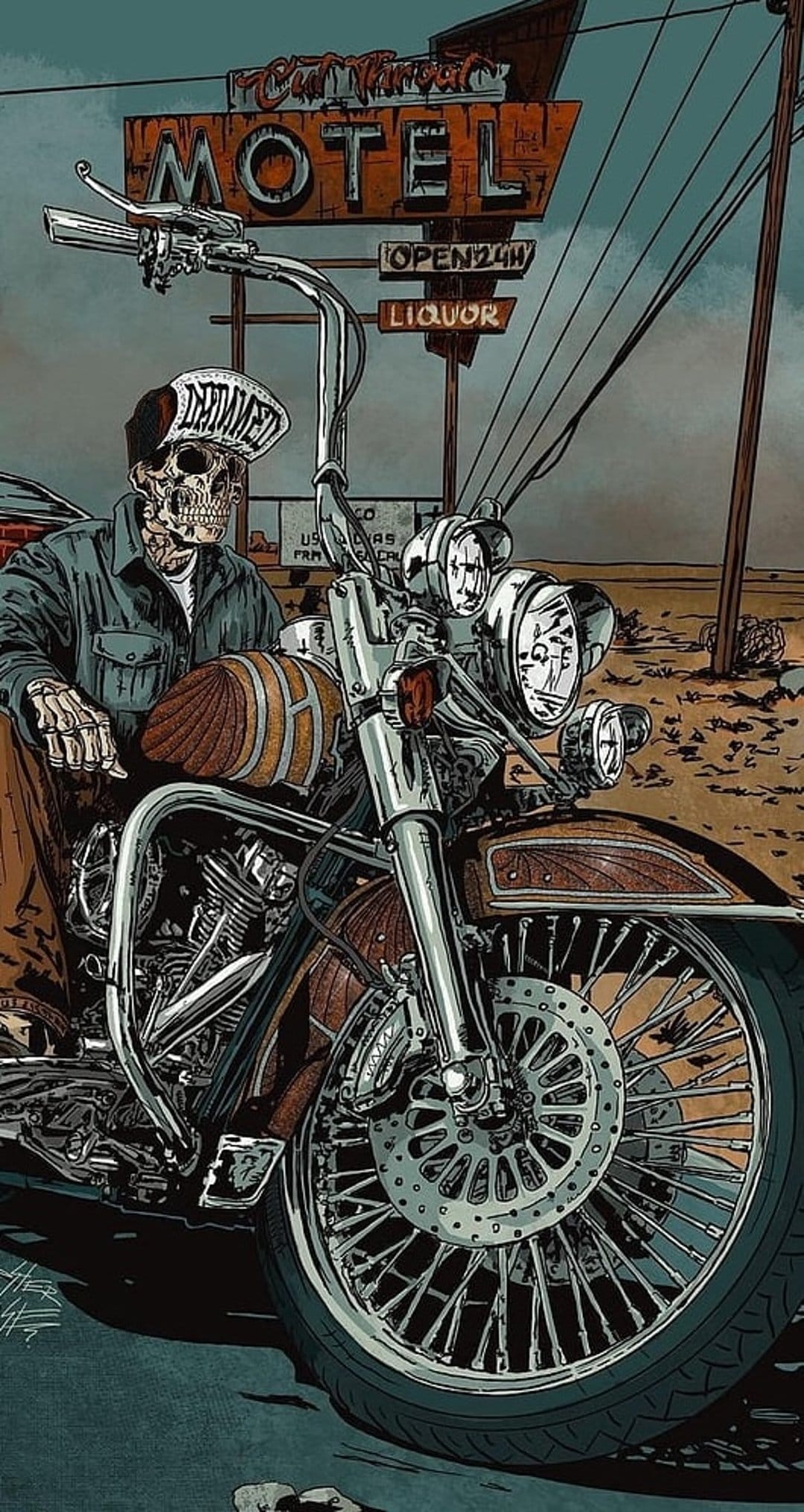 Skeleton in a biker jacket sits on a vintage motorcycle in front of a weathered desert motel sign and poles.