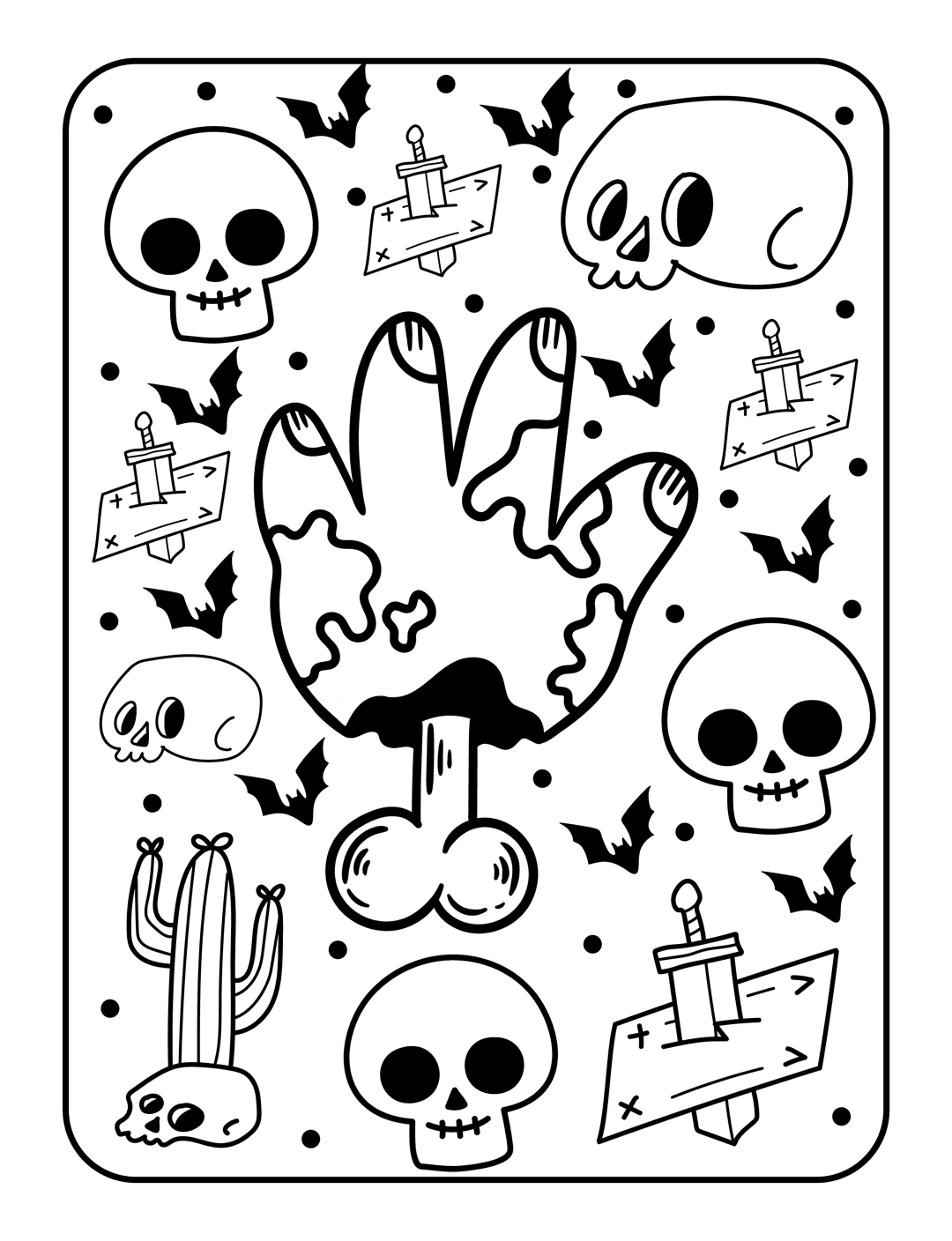 Halloween coloring page featuring black line art of skulls, bats, a zombie hand, and a sword-impaled shape.