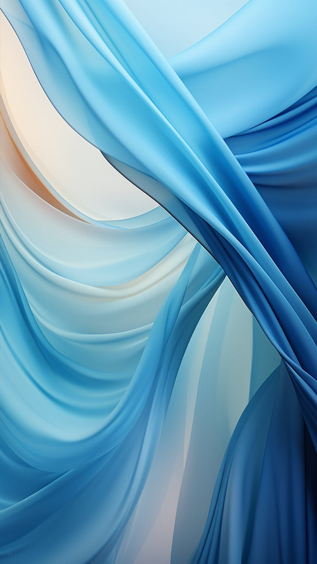 Sheer blue silk fabric drapes in soft vertical folds with warm light glowing through the translucent material.