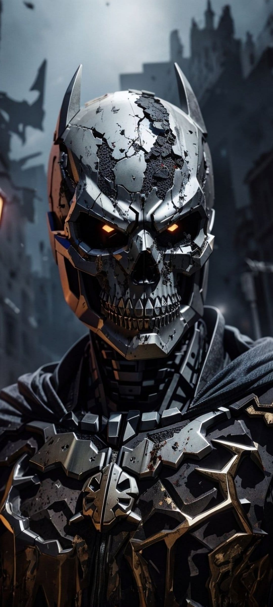 Robotic Batman with a metal skull mask and glowing orange eyes stands before ruined gothic architecture.