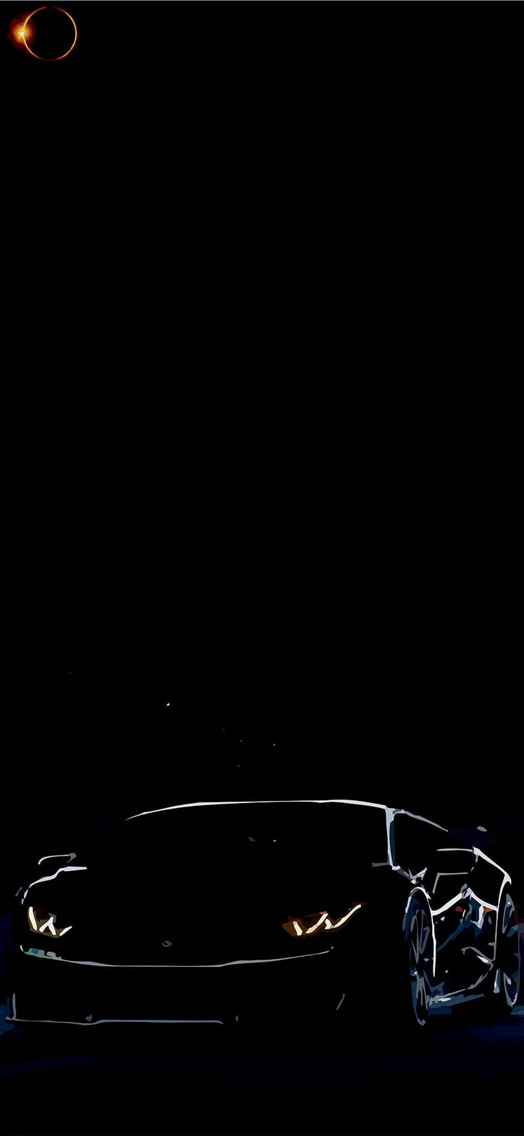 Lamborghini silhouette parked under a solar eclipse with glowing headlights against a deep black background.