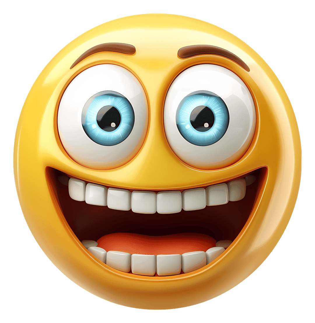 Yellow smiley face emoji with a large open mouth and black eyes set against a transparent background.