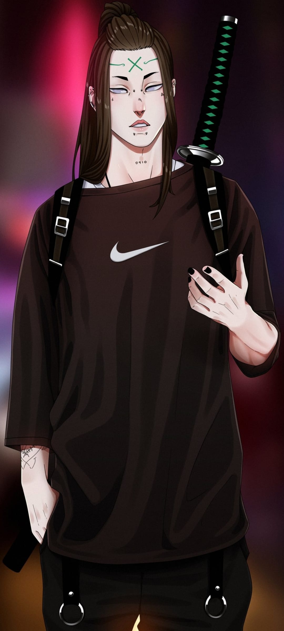 Anime male with brown bun, green facial markings, and a katana over a brown Nike shirt against neon lights.