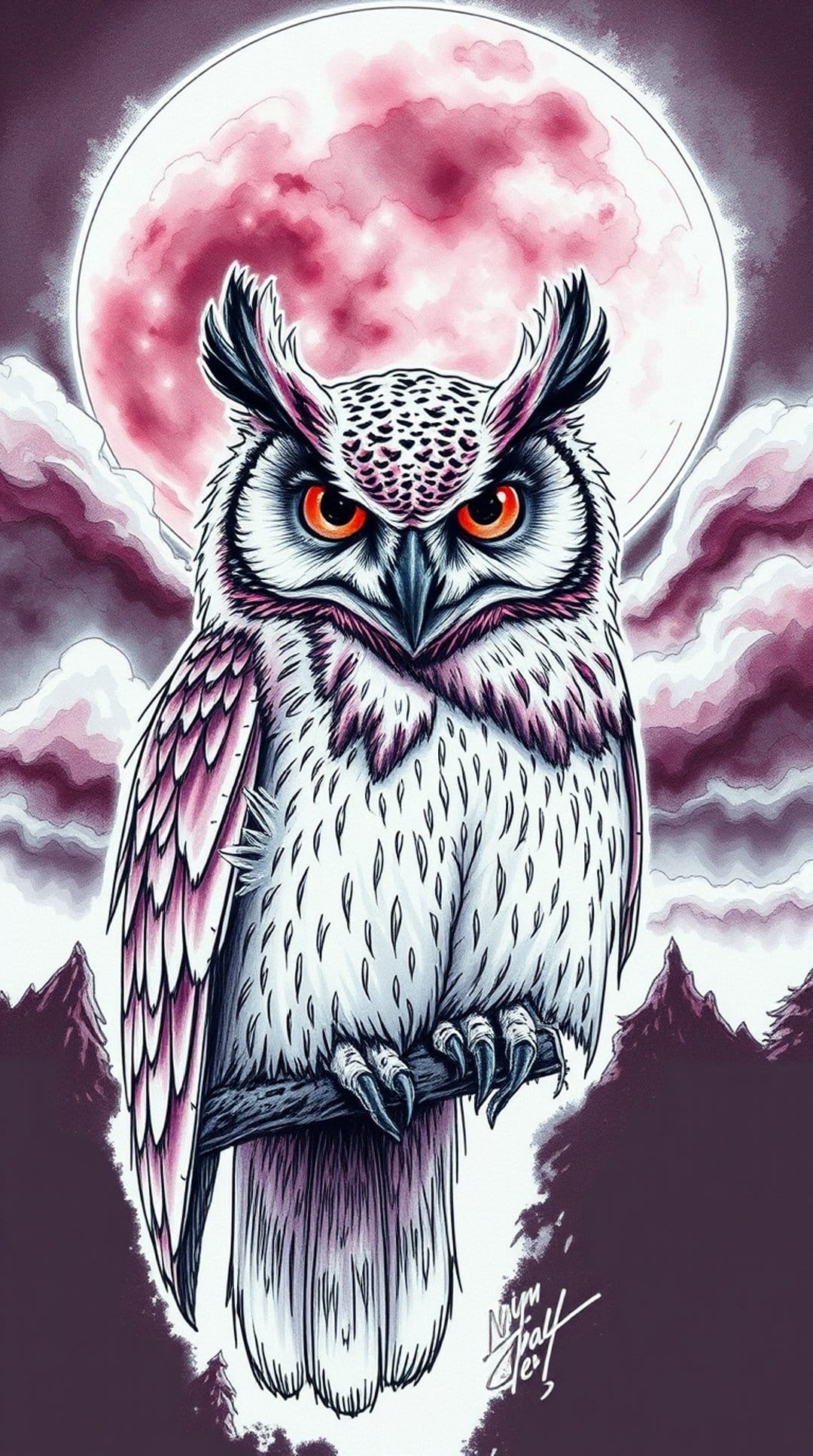 White owl with orange eyes perched on a branch against a giant pink moon and purple clouds in a dark forest.