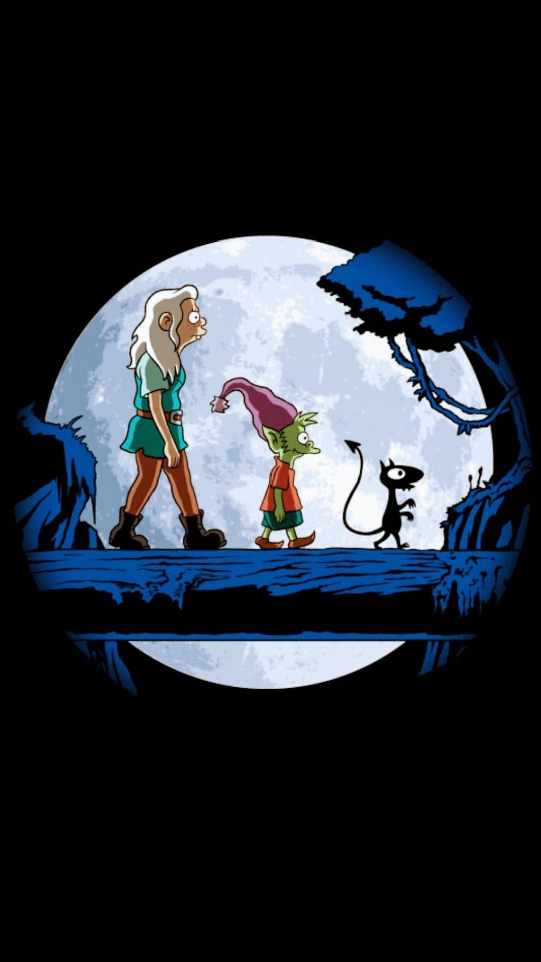 Princess Tiabeanie, Elfo, and Luci walk across a wooden platform silhouetted against a giant full moon.