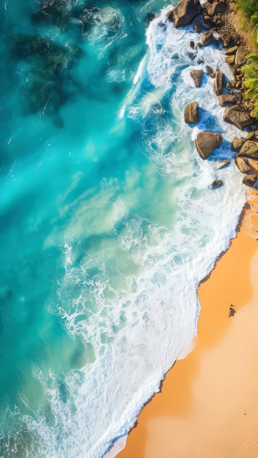 Turquoise ocean waves break over golden sand near lush green palm trees and dark coastal rocks from above.