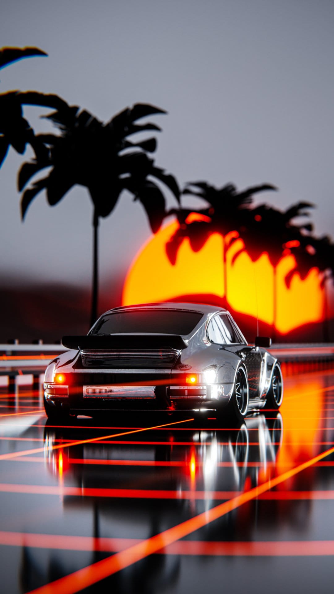 Vintage sports car silhouetted against a giant orange sun with palm trees and a glowing neon grid on the ground.