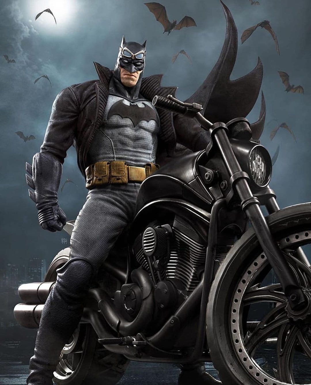 Batman sits on a black motorcycle under a cloudy night sky filled with bats and a pale moonlight glow.