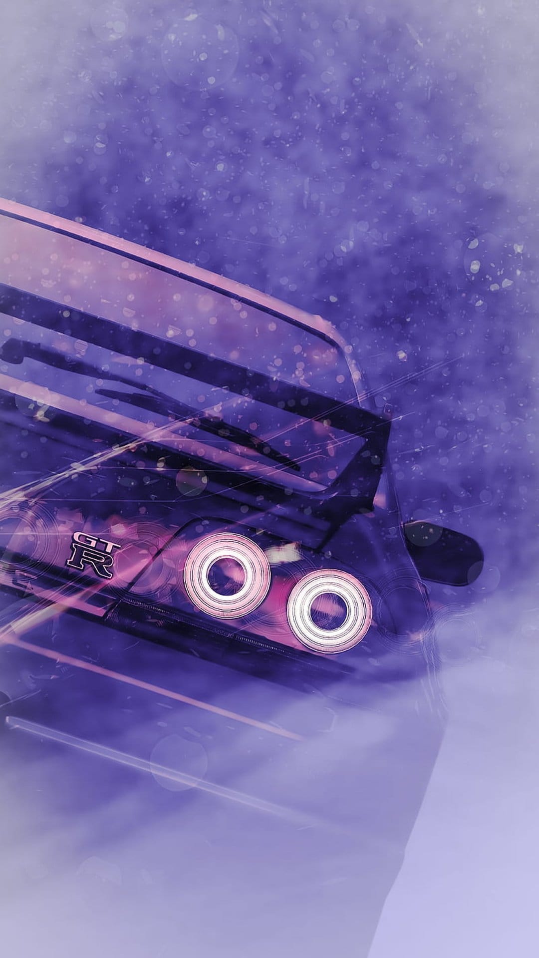 Circular red and purple car taillights with a GT-R badge set against a textured neon pink and violet background.