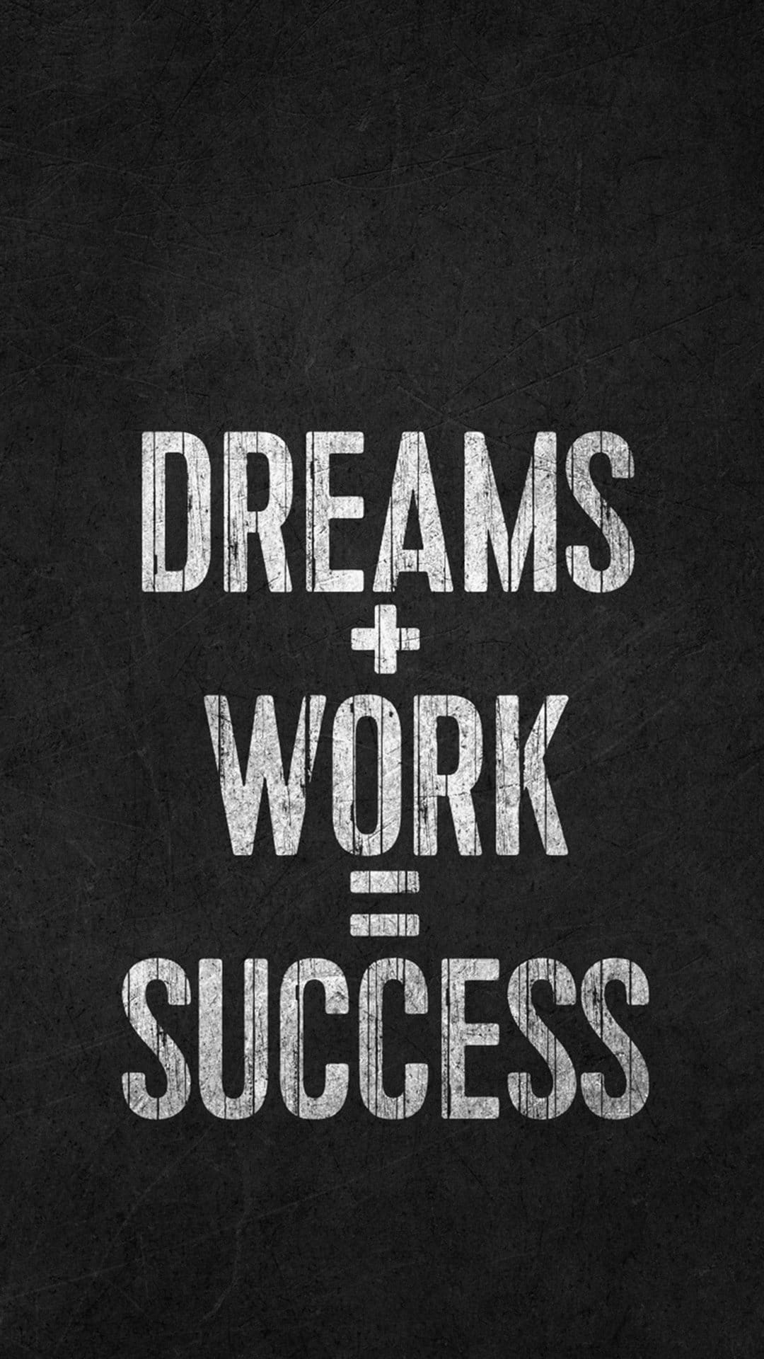 White distressed lettering reading Dreams plus Work equals Success on a grainy dark charcoal textured background.