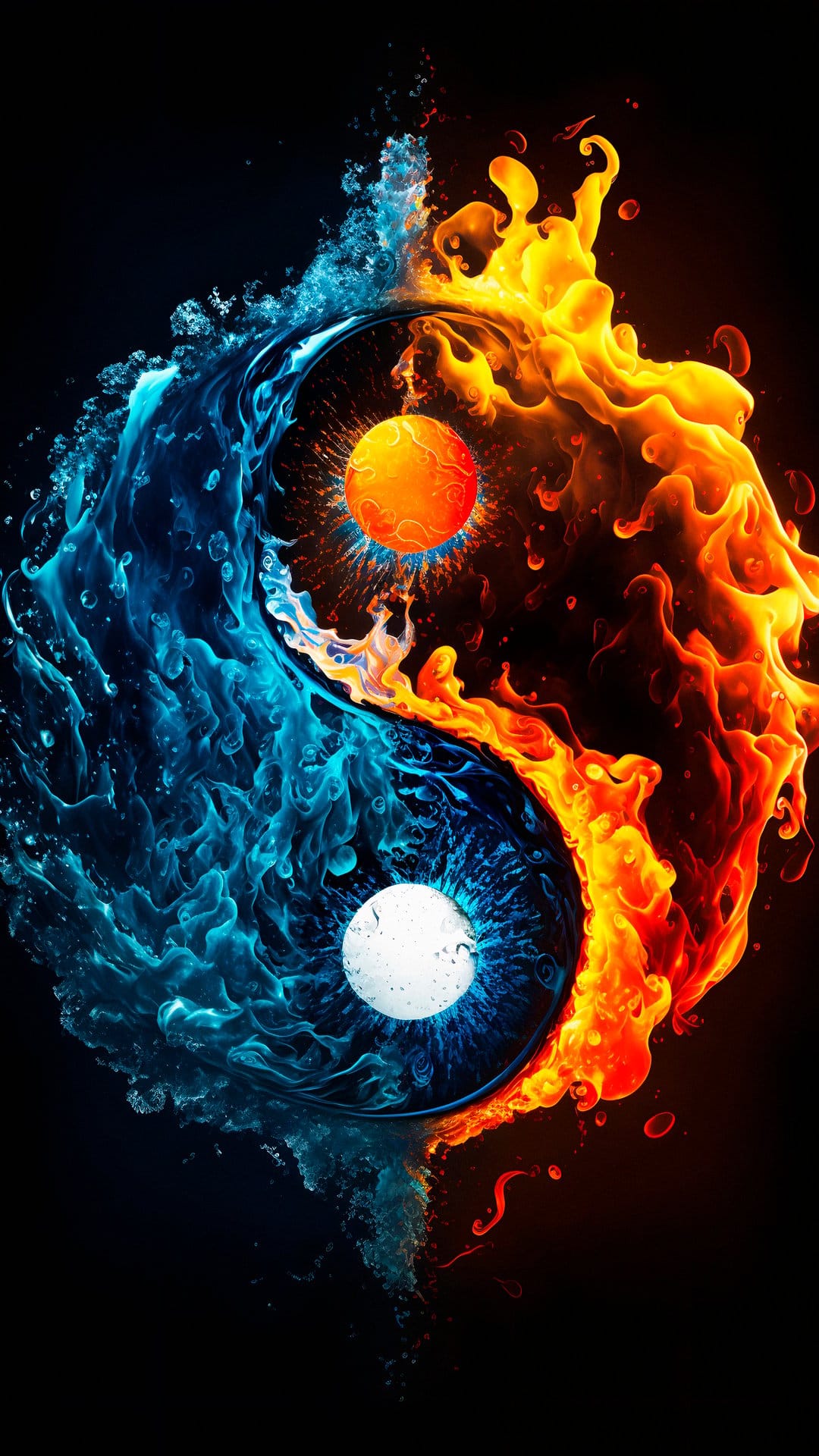 Yin Yang symbol composed of swirling orange flames and blue water waves with luminous central orbs in the middle.