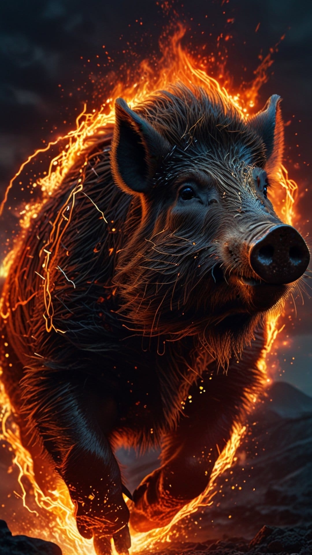 Charging wild boar wreathed in bright orange flames and glowing embers against a dark, smokey background.
