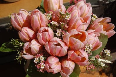 Pink tulips and small white wildflowers bundled together in a lush bouquet featuring soft spring lighting.