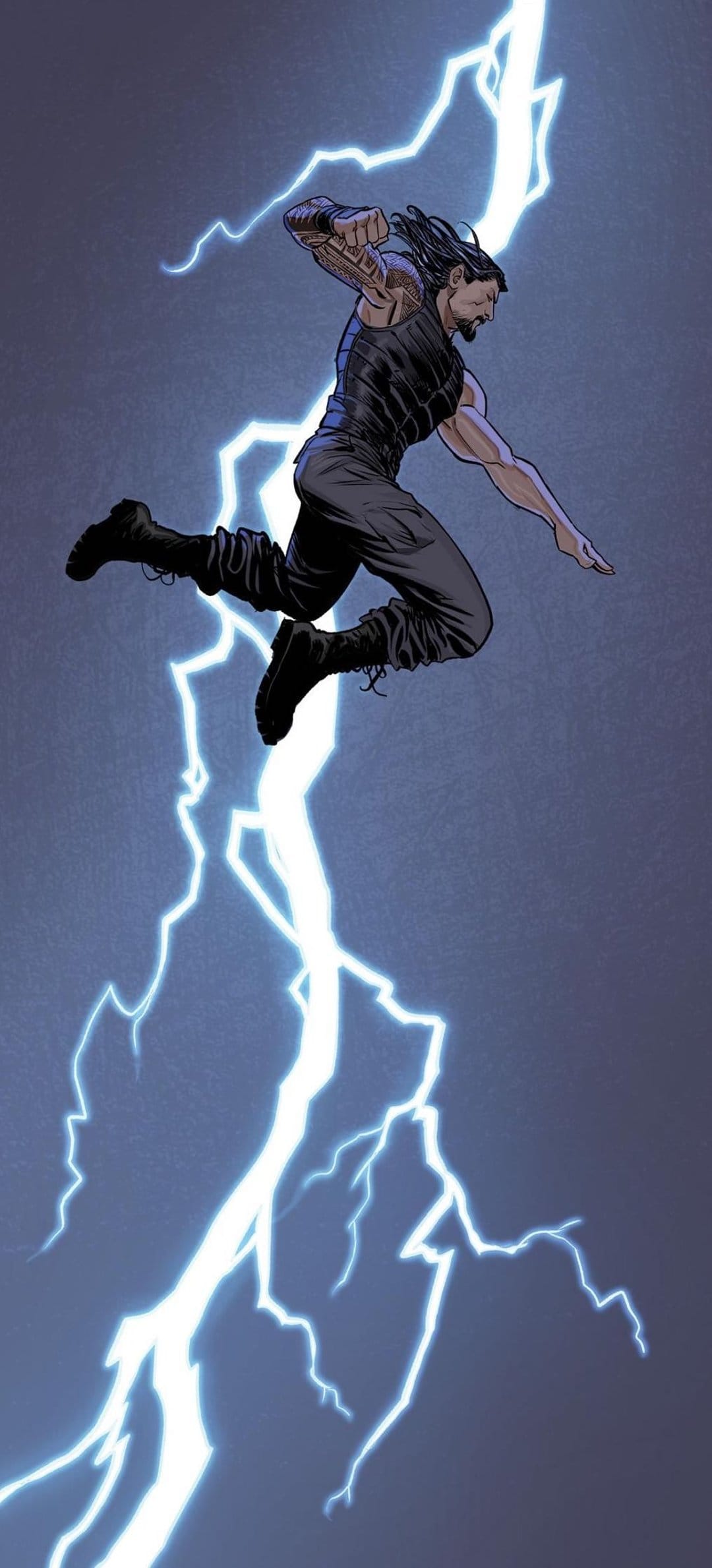 Roman Reigns mid-air vault with tribal tattoos visible against a backdrop of blue jagged lightning bolts.