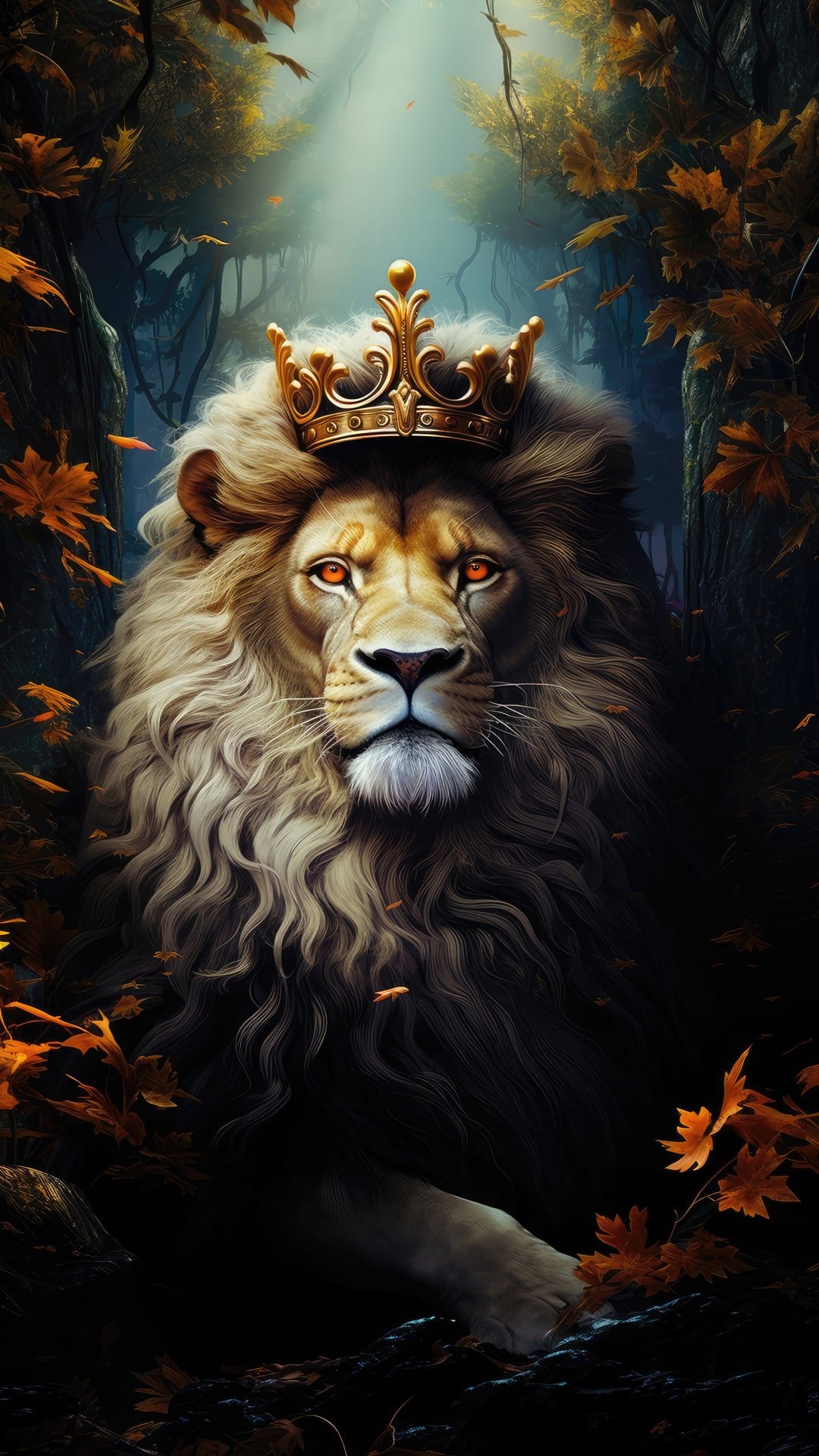Lion wearing a golden crown sits in a misty forest with orange autumn leaves and glowing rays of light.