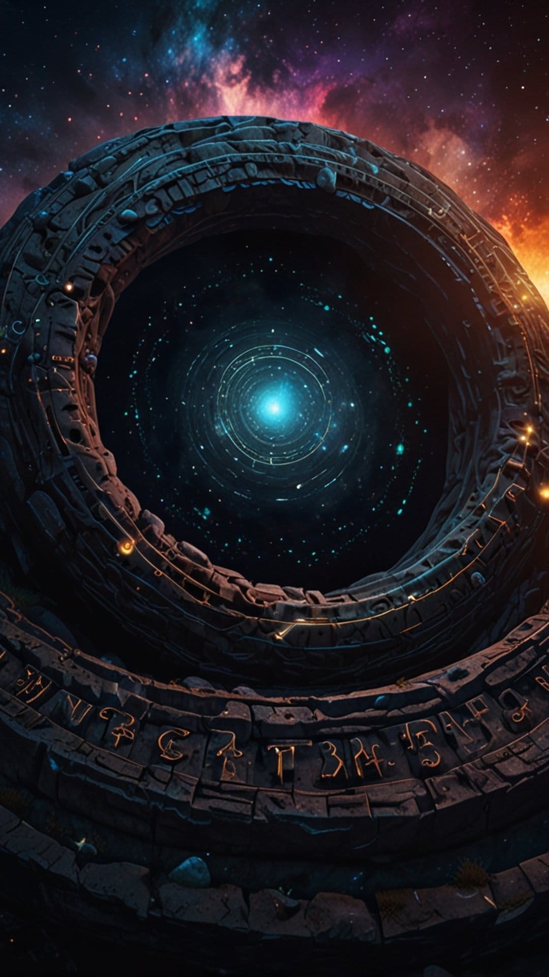 Ancient stone portal with glowing blue center standing against a purple nebula and star-filled night sky.