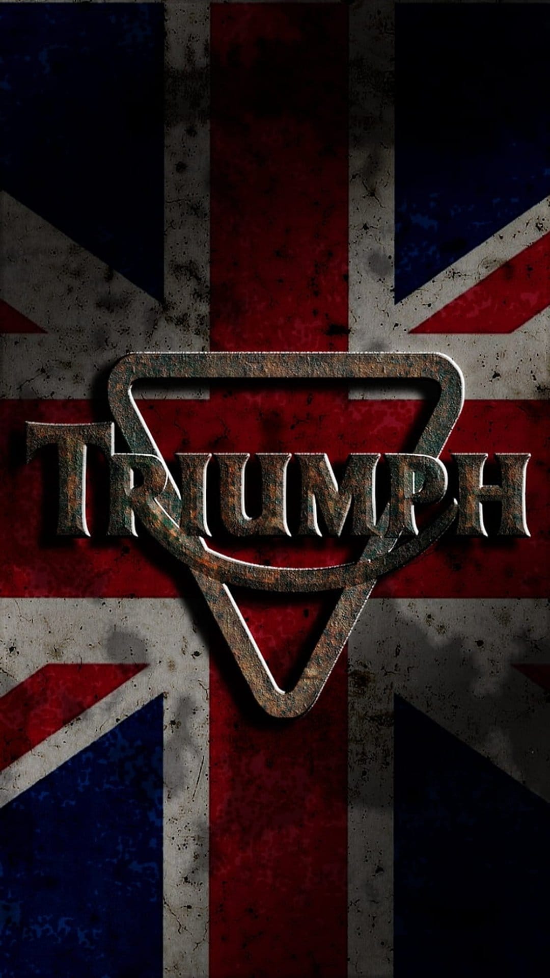 Metallic Triumph logo centered over a distressed Union Jack flag with vintage grunge textures and faded colors.