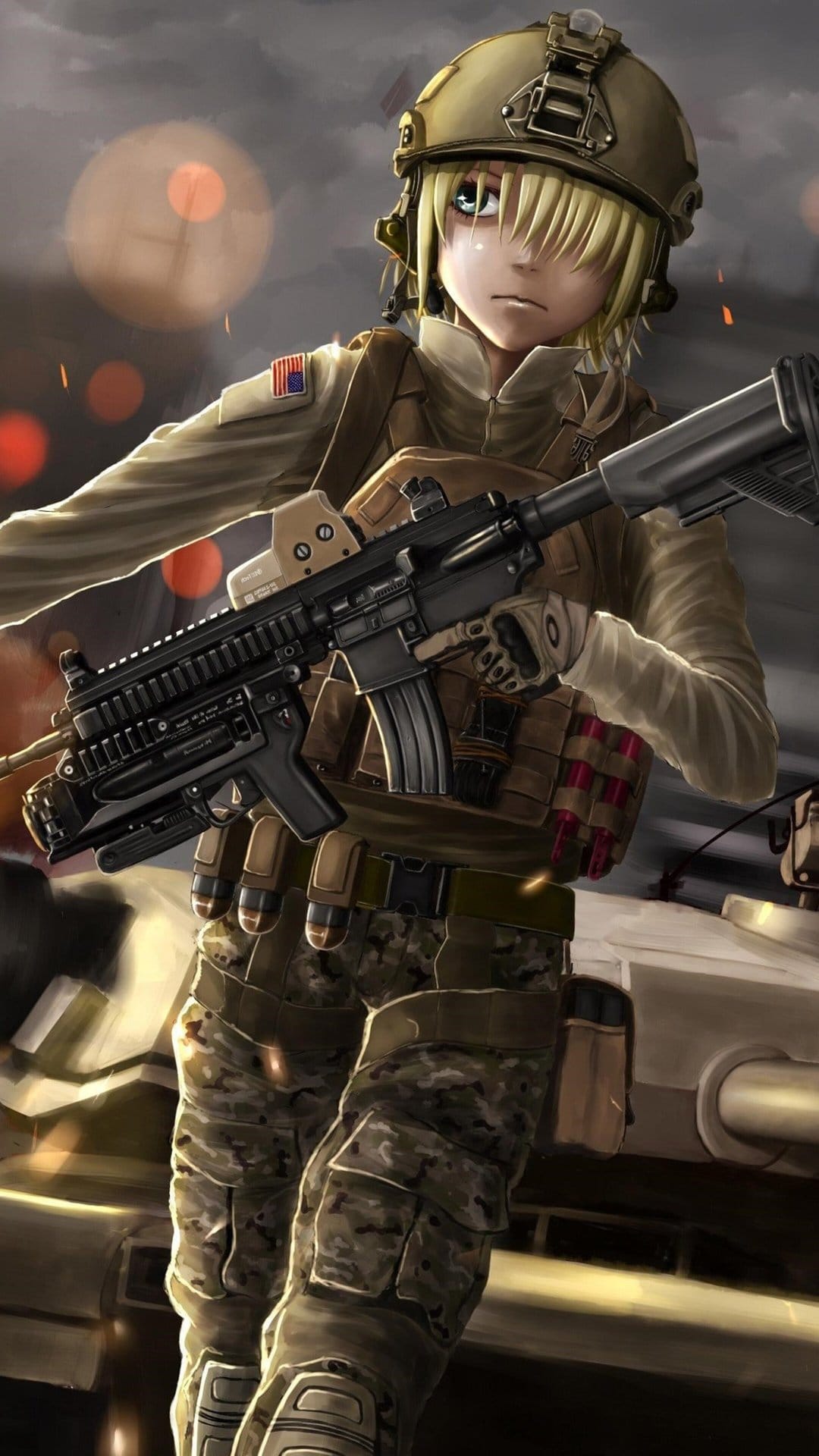 Blonde soldier in camouflage gear holds an assault rifle in front of a tank and glowing battlefield embers.
