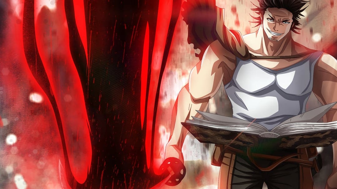 Yami Sukehiro wields a katana glowing with purple dark magic aura during an intense anime battle sequence.