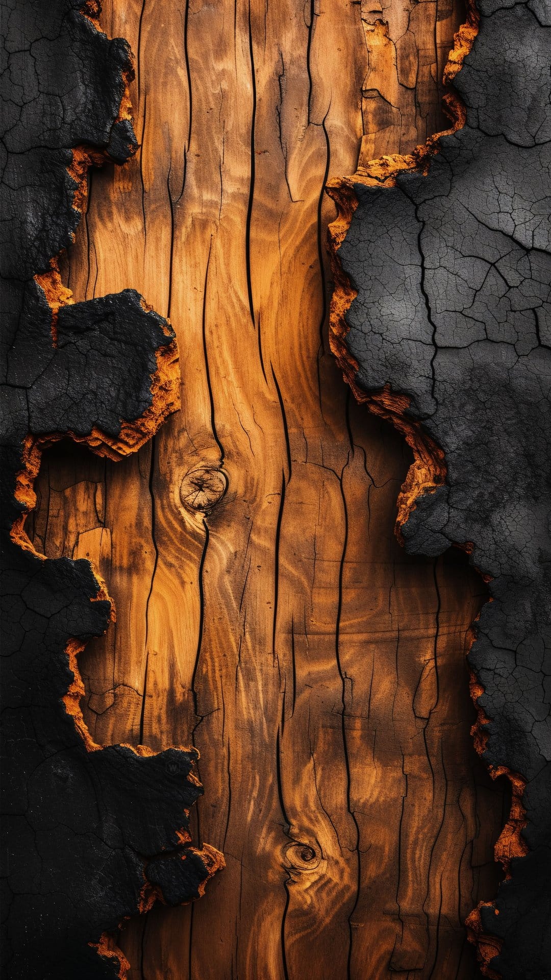 Charred black wood grain with bright orange embers glowing through deep organic cracks in a macro close-up view.