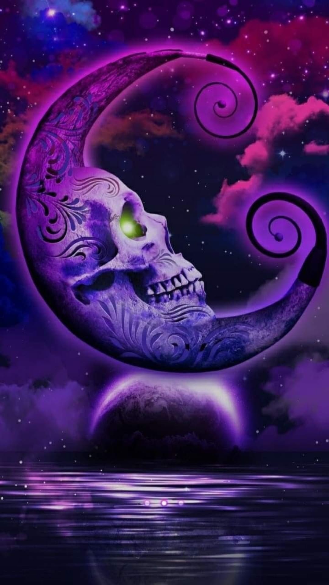 Skull-faced crescent moon with a green eye hangs over a purple nebula and shimmering water reflections.