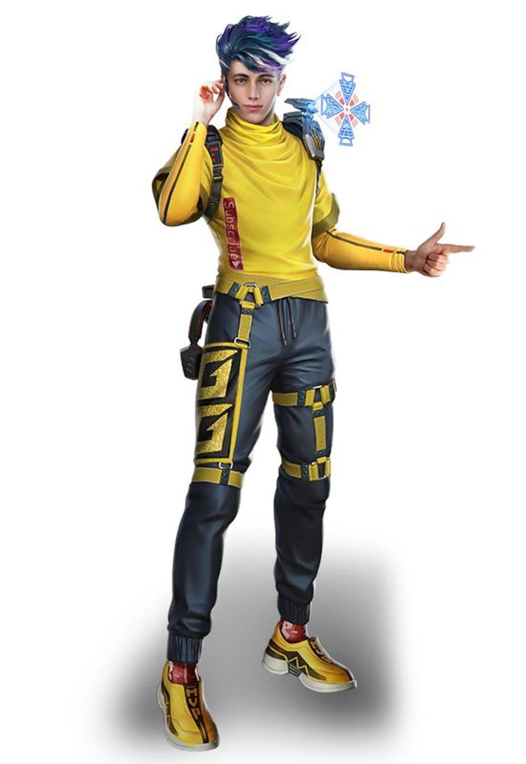 Spiky-haired boy in a yellow turtleneck and black geometric pants points forward while holding a red device.
