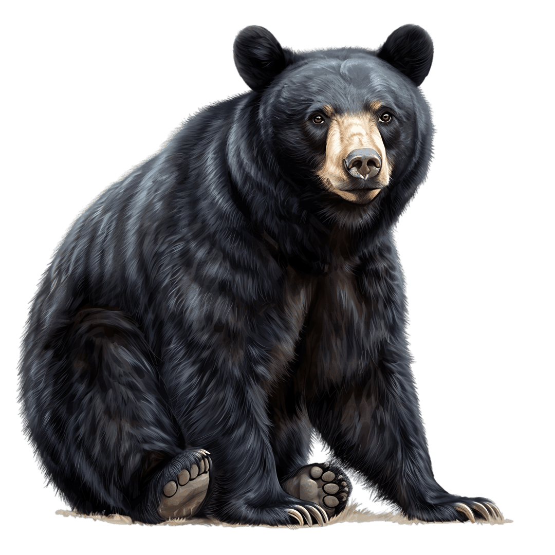 Black bear sitting in a natural pose showing detailed fur texture, sharp claws, and a realistic muzzle area.
