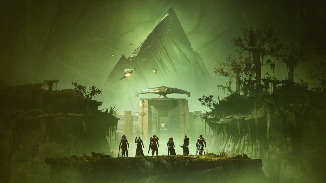 Six sci-fi warriors overlook a massive pyramid and stone gate in a hazy, glowing green swamp landscape.