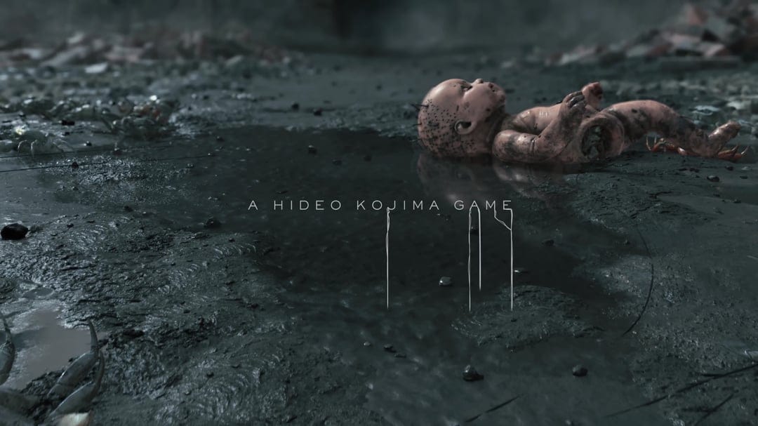 Weathered baby doll lies in a dark puddle on muddy ground with small crabs and cinematic text overlay.