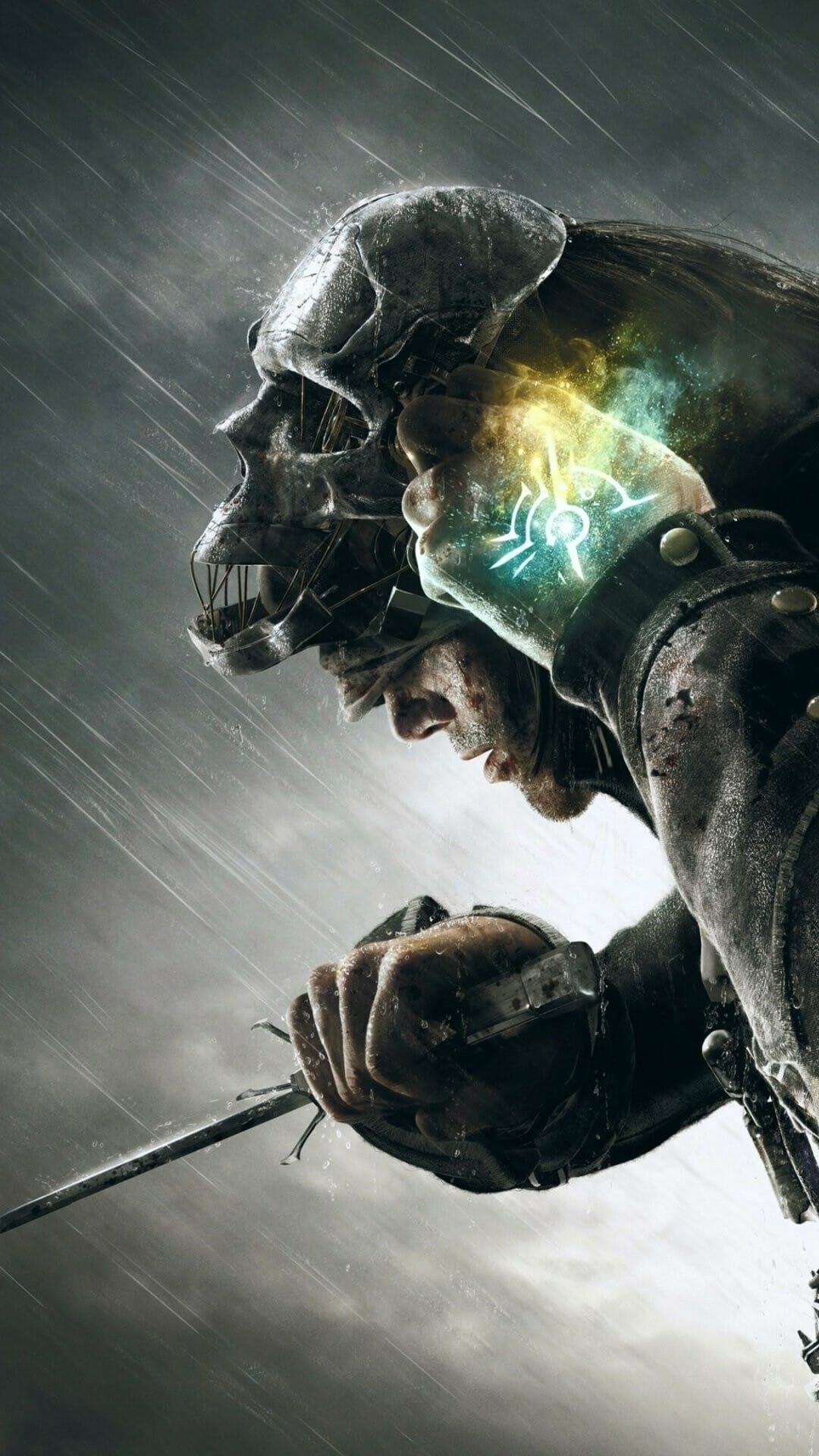 Corvo Attano in heavy rain with a glowing teal Outsider Mark on his hand and a mechanical skull mask.