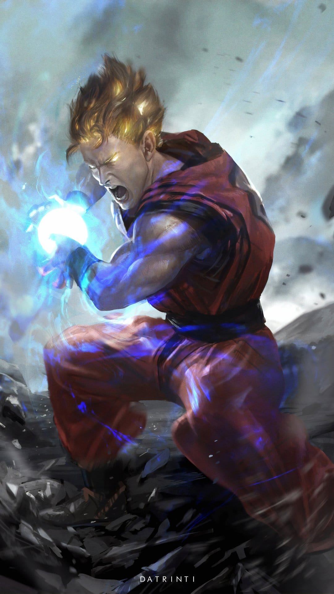 Goku with spiky gold hair holds a glowing blue energy ball amidst swirling dust and dark rocky terrain.